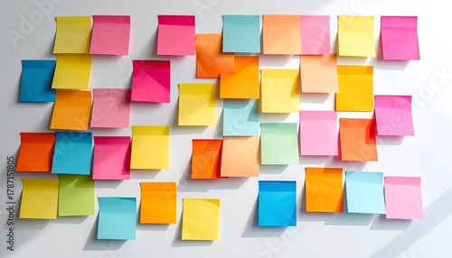 A vibrant collection of colorful sticky notes arranged on a plain white wall. The notes vary in hue and are casually placed