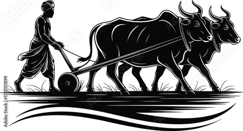 Silhouette of a farmer plowing a field with two oxen and a plow bulls