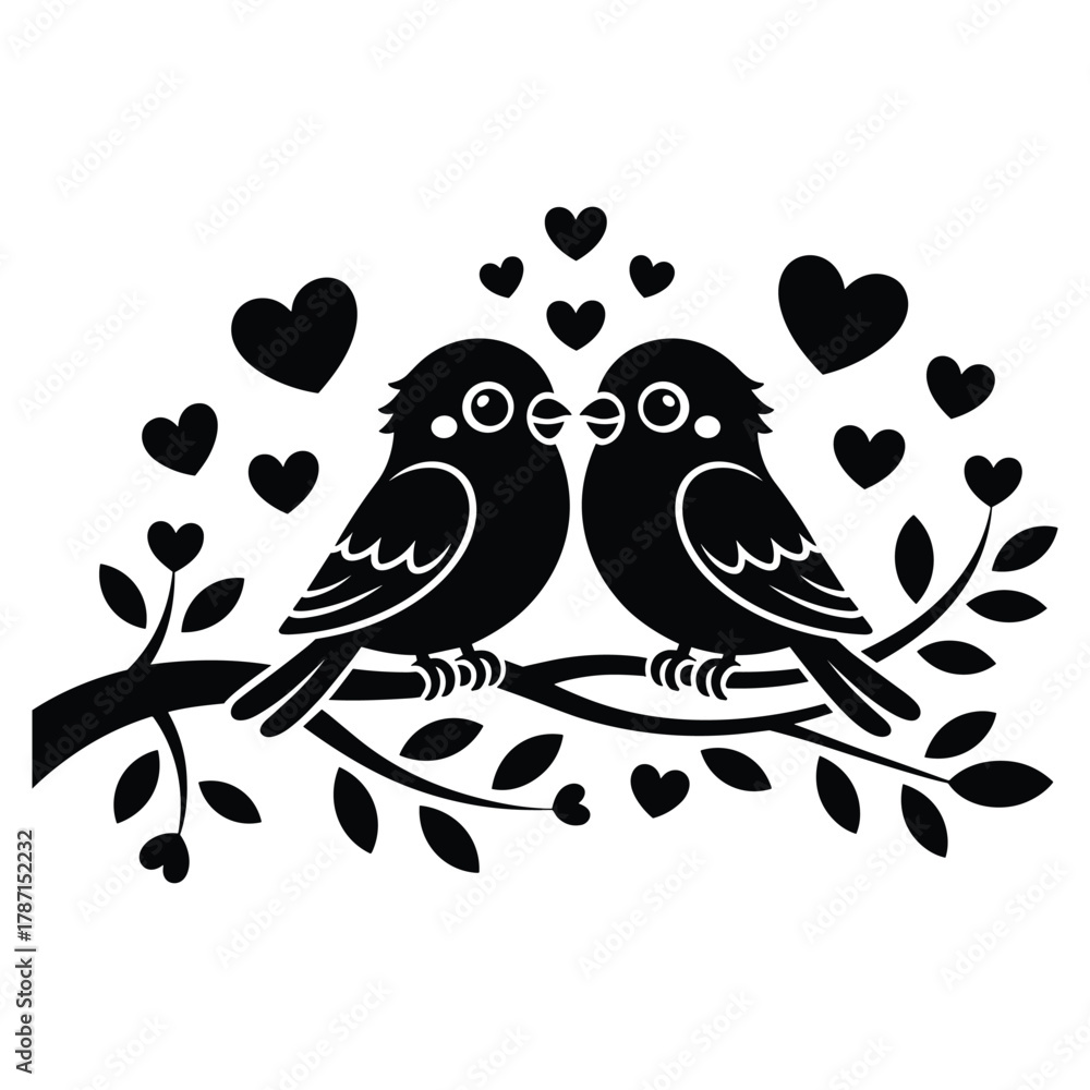 Fototapeta premium Two cute black silhouette birds perched on a branch surrounded by hearts and leaves love