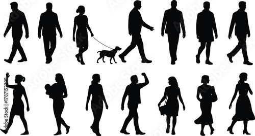 Silhouette people walking, waving, caregiving, dog walking, urban lifestyle, gesture pack, crowd scene, cad drawing flat vector illustration