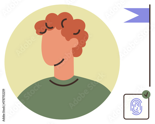 Male portrait with curly hair in green top paired with fingerprint icon, checkmark, and flag. Ideal for identity verification, security, user profile, authentication, digital privacy, access control
