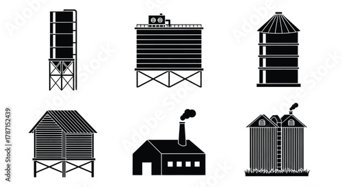Farm building vector set, vintage silos and barn silhouettes