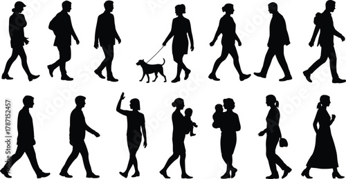Silhouette walking people, crowd scene, urban pedestrian lifestyle, diverse human poses, casual movement, dog walker, caregiving, cad drawing flat vector illustration