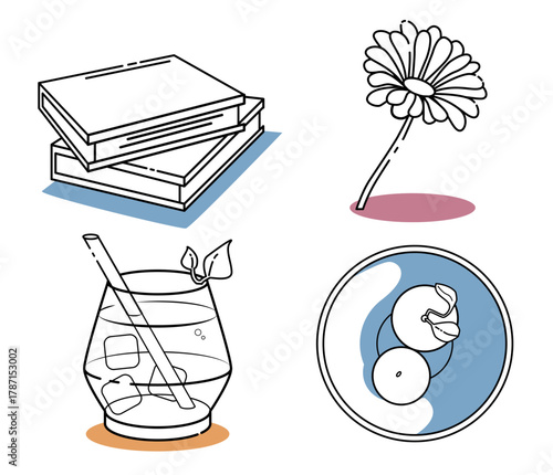 Hand drawn vector illustration set of books, flower, cocktail and a bowl.