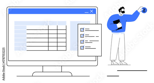 Data table on desktop screen with checklist overlay and man holding document. Ideal for productivity, data analysis, organization, planning, task management, decision-making, flat metaphor