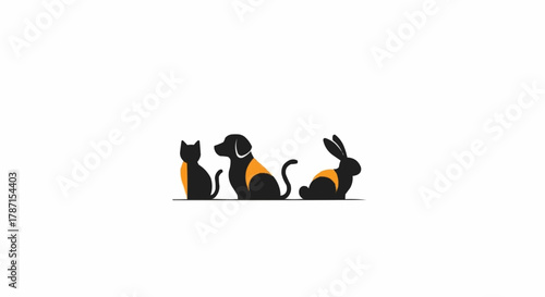 Three animal friends cat dog and rabbit sitting together in a row.