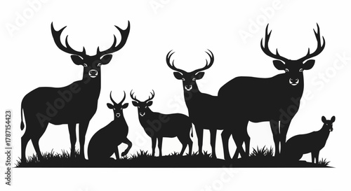 Deer Family Silhouette on Grassland Vector Illustration.