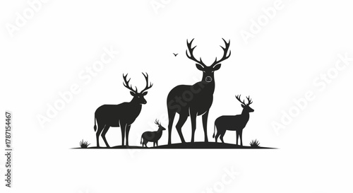 Silhouette of a Deer Family with Antlers and Fawn.