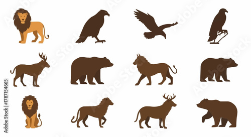 Collection of Wildlife Silhouettes - Lion, Eagle, Bear, Deer, and More.