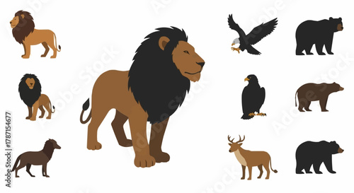 Collection of various wild animals including lions, bears, eagles, deer, and dogs.