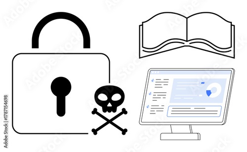 Lock with skull for security and caution, open book for knowledge, and monitor with interface design. Ideal for cybersecurity, education, data protection, hacking, warning, digital literacy simple