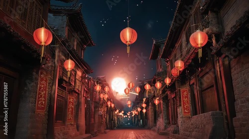 Traditional Chinese New Year Celebration with Lanterns and Fireworks at Night.