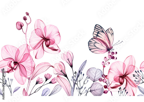 Watercolor floral border. Seamless horizontal pattern in repeat. Abstract transparent orchids, leaves and butterfly. Isolated hand drawn botanical illustration for wedding design, stationery card