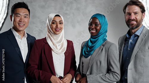 Diverse group of professionals standing together in a studio setting.
