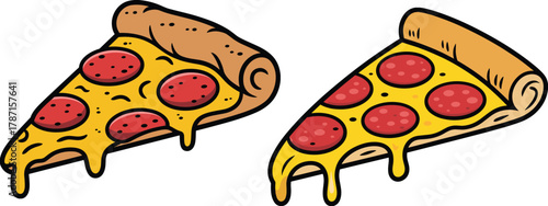 Cartoon illustration of two hot cheesy pepperoni pizza slices with melted cheese, dripping toppings, delicious fast food artwork