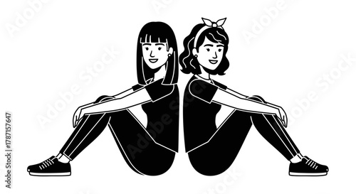 Two cheerful women sitting back-to-back in casual fashion style