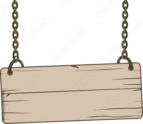 Cartoon illustration of wooden hanging signboard with metal chains, rustic blank signage template, outdoor decorative design artwork