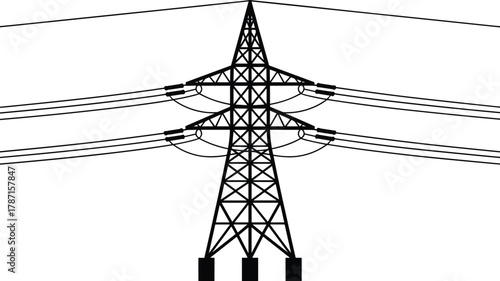 High voltage transmission tower illustration, lattice structure, power lines, electrical grid, energy infrastructure drawing
