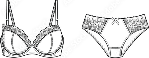 Lingerie bra and panties illustration, lace underwear design, fashion sketch, intimate apparel, garment construction drawing