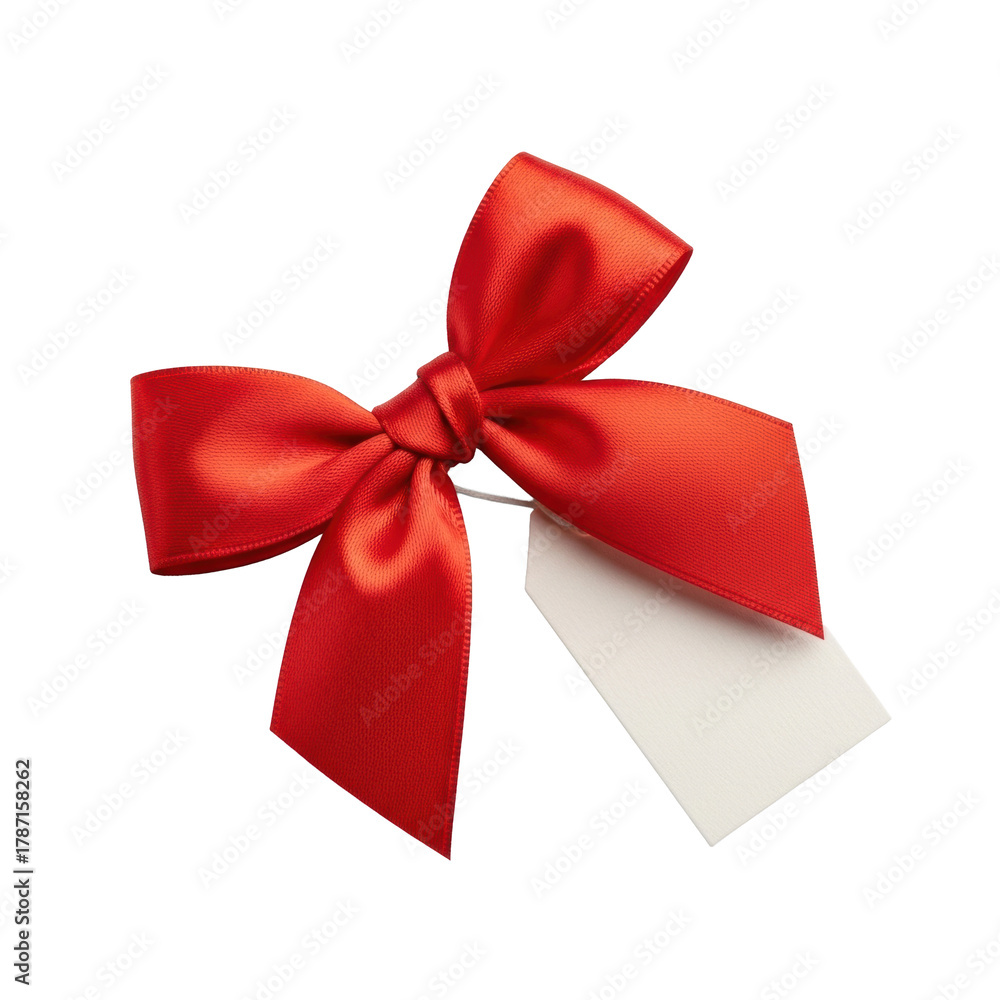 Fototapeta premium Vibrant red satin ribbon, perfect symmetrical bow, small off-white cardstock gift tag, isolated on a transparent background with high-key studio lighting. Concept for luxury product packaging