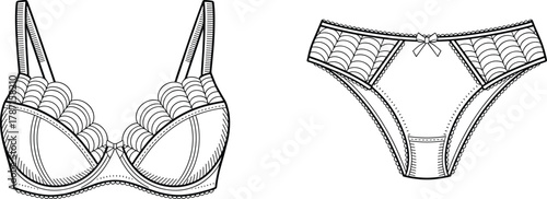 Lingerie bra and panties illustration, lace underwear fashion sketch, intimate apparel design, garment construction drawing, textile style