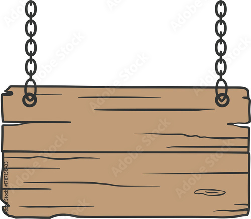 Rustic wooden signboard hanging on metal chains, blank vintage signage template, decorative plaque illustration, isolated