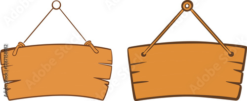 Rustic wooden signboards with chains and post, blank vintage signage templates, decorative plaque illustration, isolated background