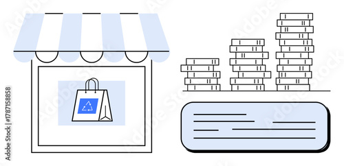 Storefront with awning, paper bag featuring recycling logo, and stacks of coins emphasizing sustainability, small business, eco-friendliness. Ideal for business, finance, environment, savings