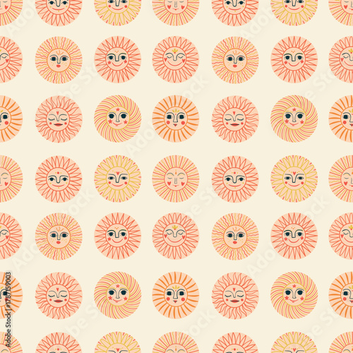Geometric seamless pattern with folklore sun faces in boho and mystical style, ornamental and decorative design.