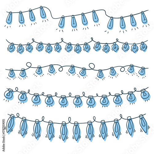 Christmas lights collection handdrawn, vector illustration. Cute cartoon hand drawn style
