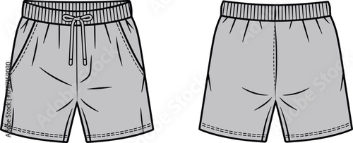 Technical flat sketch illustration of casual shorts front and back view with elastic waistband, drawstring, stitching details