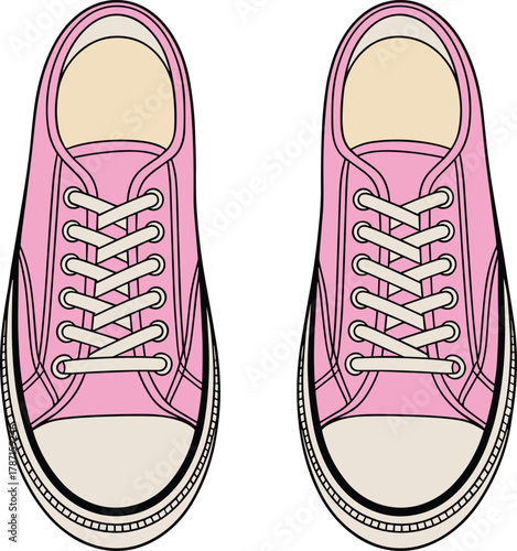 Top view illustration of pink sneakers with white laces, casual footwear design, fashion accessory, stylish shoe artwork