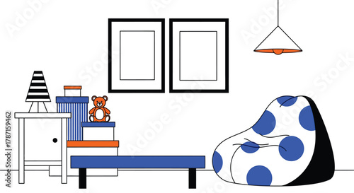 Charming kids room interior with teddy bear and playful beanbag chair