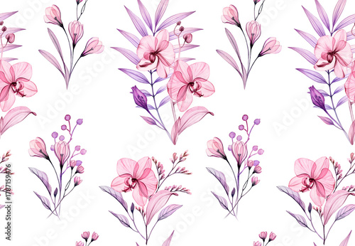 Watercolor floral seamless pattern in repeat. Abstract transparent orchids, leaves and berries. Isolated hand drawn botanical illustration for textile, wedding design, stationery card