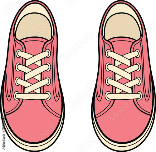 Top view illustration of red sneakers with beige laces, different shoelace tying patterns, casual footwear fashion artwork