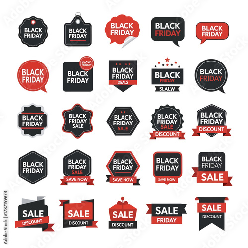 A comprehensive collection of modern promotional sale labels, discount badges, and special offer stickers in bold black and red, ideal for seasonal marketing campaigns and shopping events