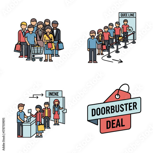 Vibrant illustrations of essential consumer shopping experiences bustling crowds, organized queue lines, efficient checkouts, and attractive doorbuster deal promotions for retail marketing