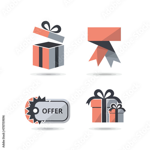 Dynamic graphic symbols capturing the essence of generosity and exclusive value, presenting delightful gifts and irresistible offers in a modern, clean vector style