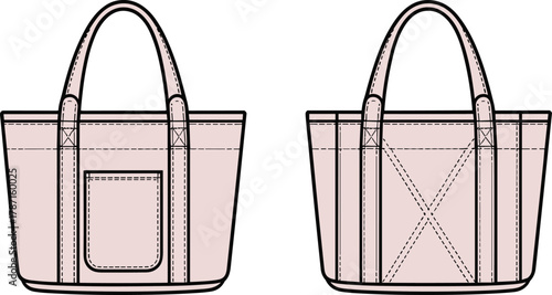 Tote bag flat sketch front and back view, fashion accessory design template, sewing pattern illustration, apparel
