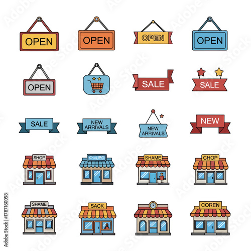 Engaging collection of retail shop and e-commerce icons, presenting storefronts with 'open,' 'sale,' and 'new arrivals' signs, perfect for business graphics and marketing