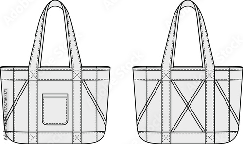 Tote bag flat sketch front and back view, fashion accessory design template, sewing illustration, apparel