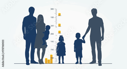 Family silhouette representing different generations and their heights, measuring growth and development.