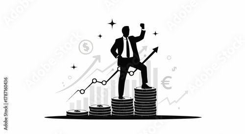 Successful businessman celebrating financial growth standing on coin stacks.