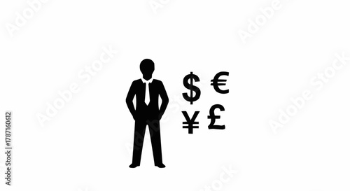 Businessman with various currency symbols representing global finance.