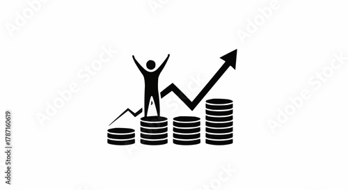 Man celebrating financial growth and success on stacked coins with upward trending graph.
