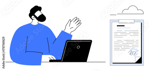 Man using laptop gestures toward digitally signed document on clipboard. Ideal for remote work, online collaboration, digital signatures, virtual meetings, communication, document management