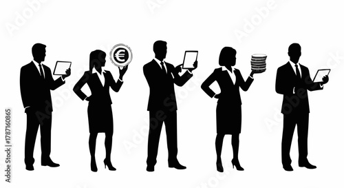 Business Professionals Holding Devices and Documents Silhouettes.