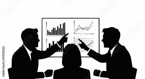 Business meeting with charts and graphs silhouette.