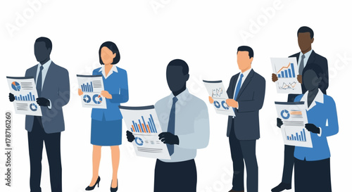 Business professionals analyzing reports and financial data in a meeting.