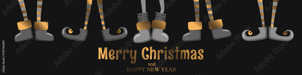 Naklejka premium Merry Christmas horizontal illustration with cute abstract elves legs in shoes and boots isolated on black background. Vector illustration template for greeting card print, poster, banner